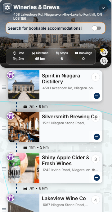 A trippl itinerary on mobile: Wineries and Brews, six stops, 45 km, with drive times between each stop and bookable accommodations