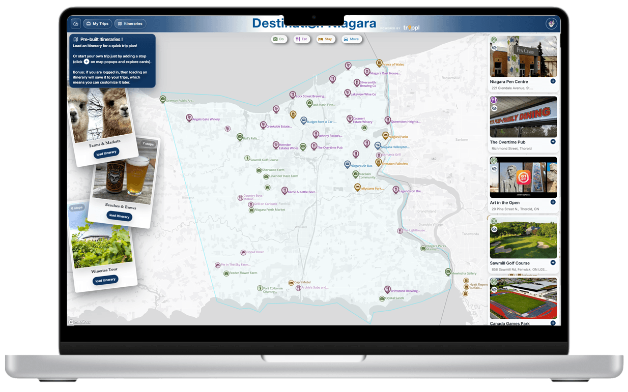 Pre-built itineraries for Destination Niagara loaded onto a trippl map, with Farms and Markets, Beaches and Brews, and Wineries Tour ready to load